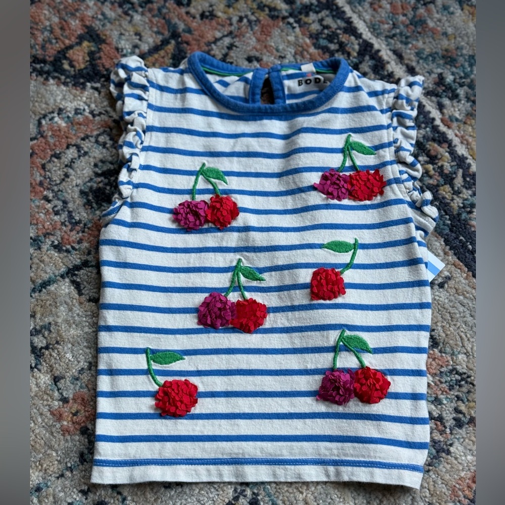Mini Boden Cherry Striped Ruffle Sleeve Shirt - Size 2-3